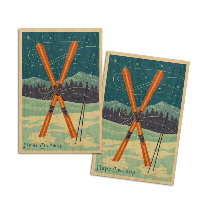 Bend, Oregon, Crossed Skis, Letterpress, Lantern Press Artwork, Wood Signs and Postcards Wood Lantern Press 4x6 Wood Postcard Set 