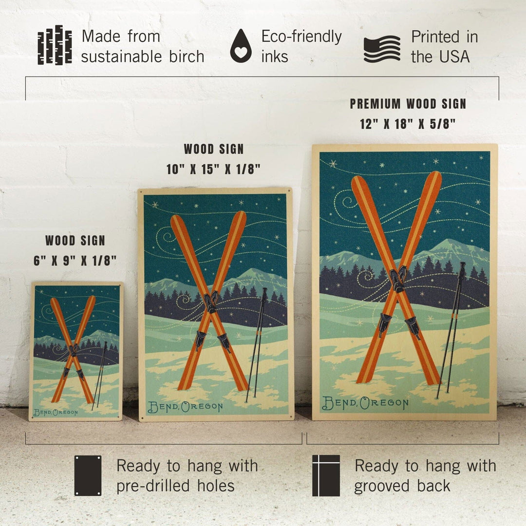 Bend, Oregon, Crossed Skis, Letterpress, Lantern Press Artwork, Wood Signs and Postcards Wood Lantern Press 