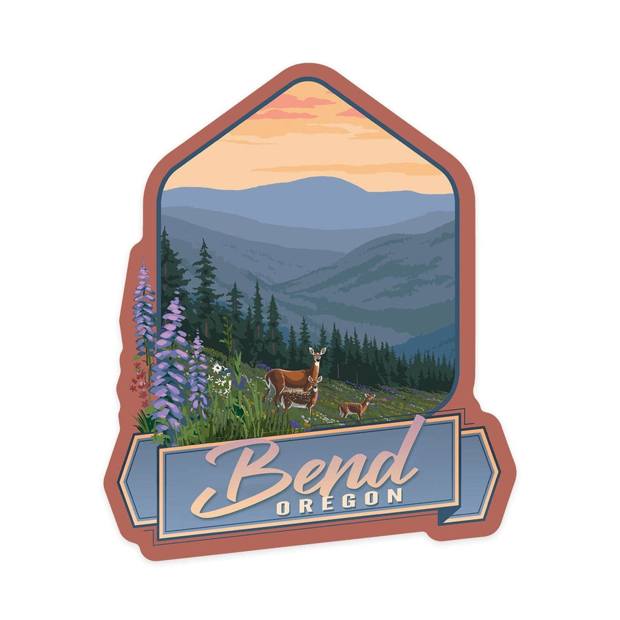 Bend, Oregon, Deer and Spring Flowers, Contour, Vinyl Sticker Sticker Lantern Press 