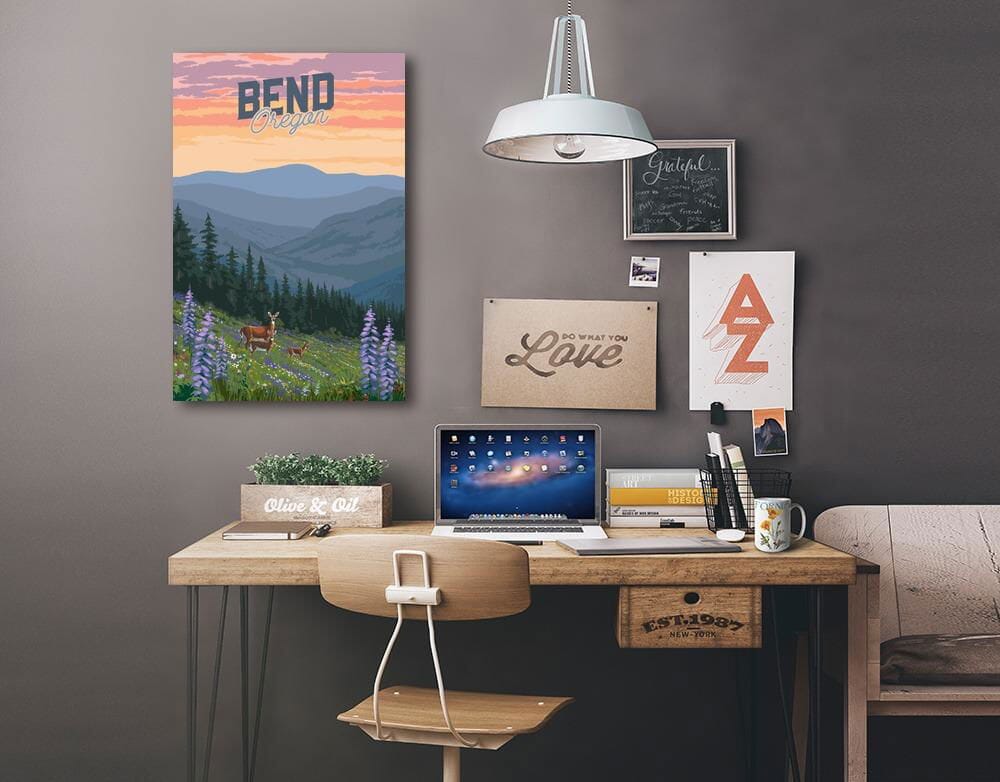 Bend, Oregon, Deer & Spring Flowers, Lantern Press Artwork, Stretched Canvas Canvas Lantern Press 