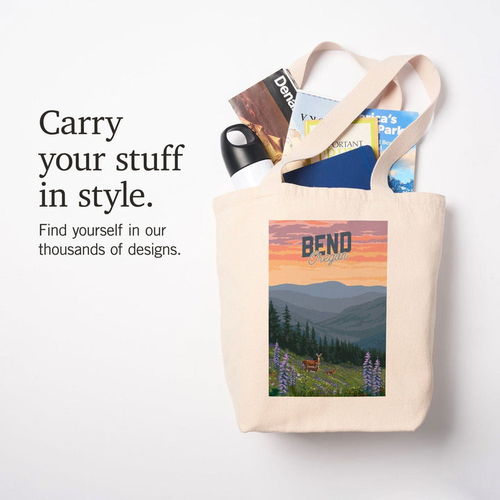 Bend, Oregon, Deer & Spring Flowers, Lantern Press Artwork, Tote Bag Totes Lantern Press 