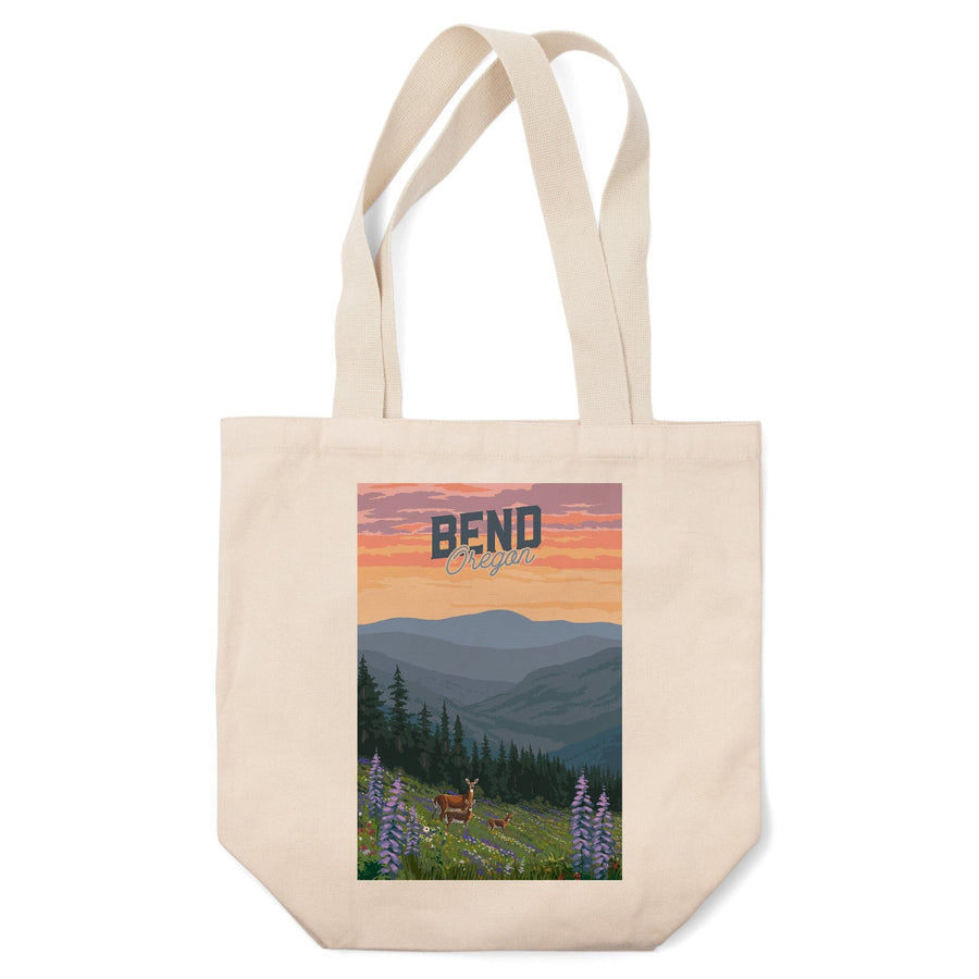 Bend, Oregon, Deer & Spring Flowers, Lantern Press Artwork, Tote Bag Totes Lantern Press 