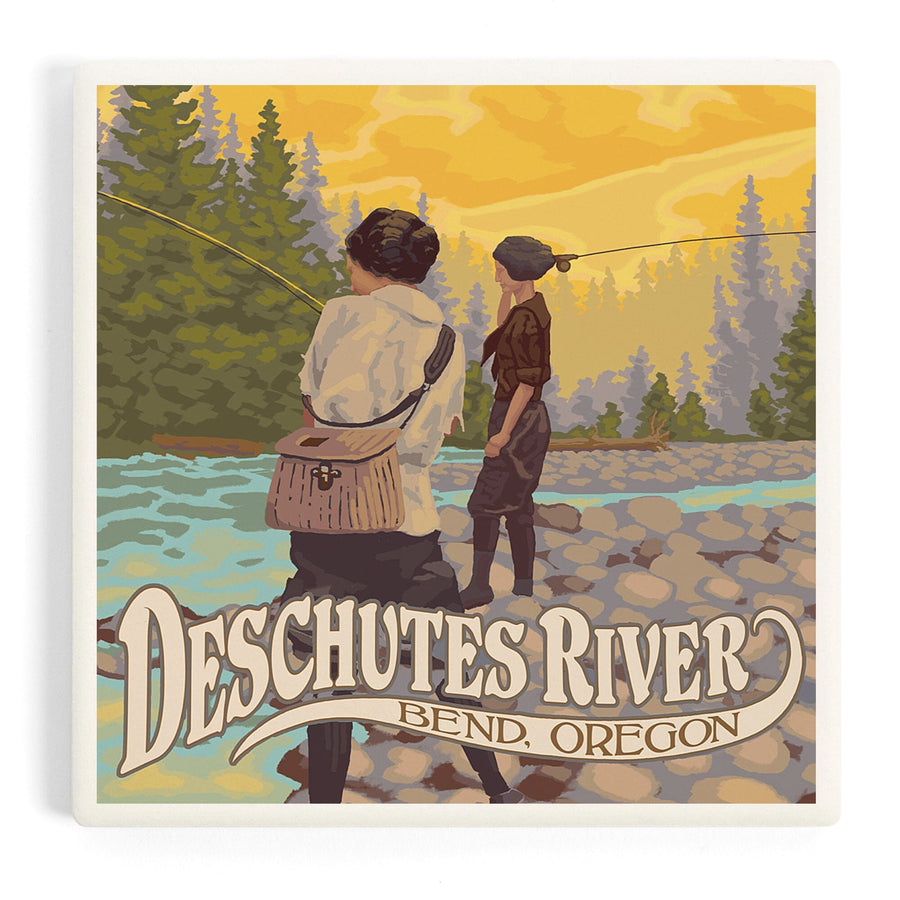 Bend, Oregon, Deschutes River, Women Fishing, Coasters Coasters Lantern Press 