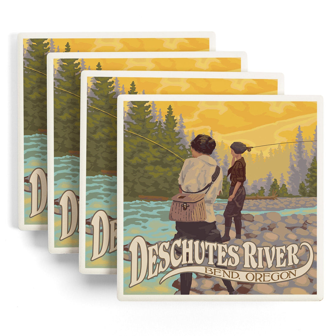 Bend, Oregon, Deschutes River, Women Fishing, Coasters Coasters Lantern Press 