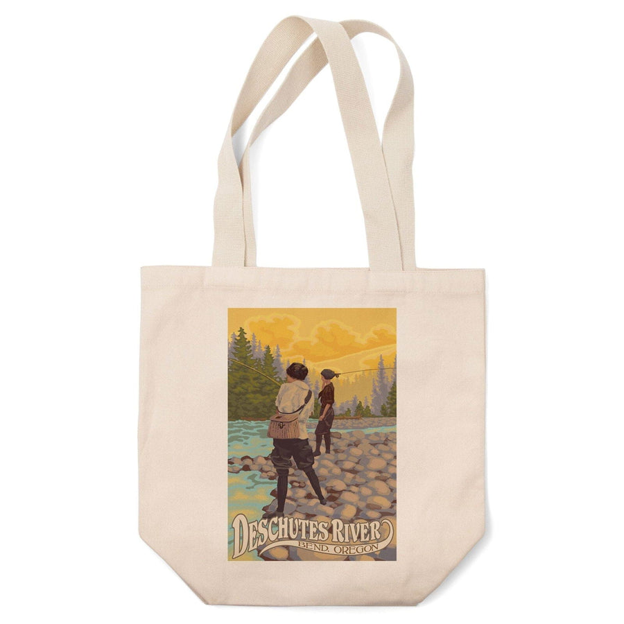 Bend, Oregon, Deschutes River, Women Fishing, Lantern Press Artwork, Tote Bag Totes Lantern Press 