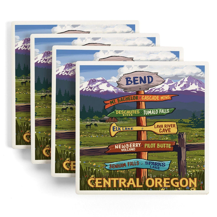 Bend, Oregon, Destination Signpost, Lantern Press Artwork, Coaster Set Coasters Lantern Press 