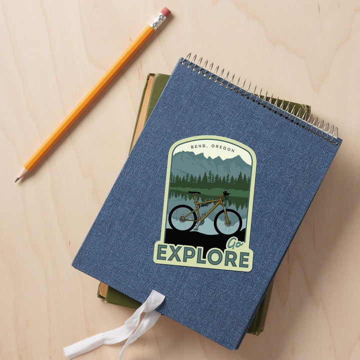 Bend, Oregon, Go Explore, Bike, Contour, Vinyl Sticker Sticker Lantern Press 