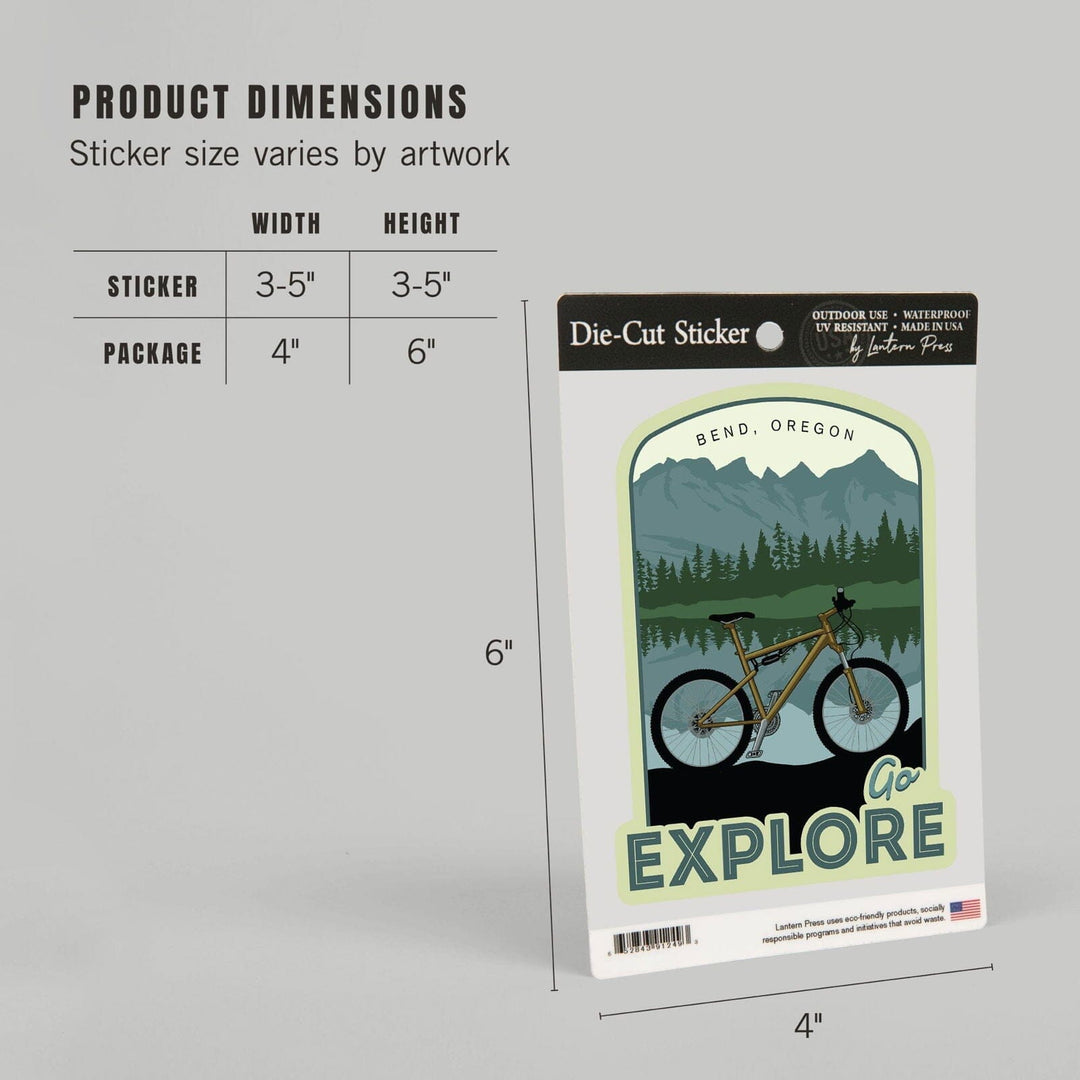 Bend, Oregon, Go Explore, Bike, Contour, Vinyl Sticker Sticker Lantern Press 