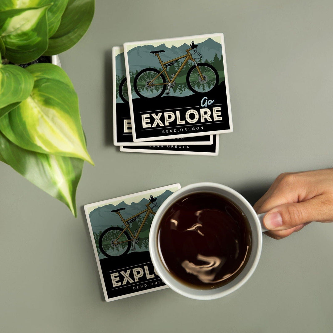 Bend, Oregon, Go Explore, Bike, Lantern Press Artwork, Coaster Set Coasters Lantern Press 