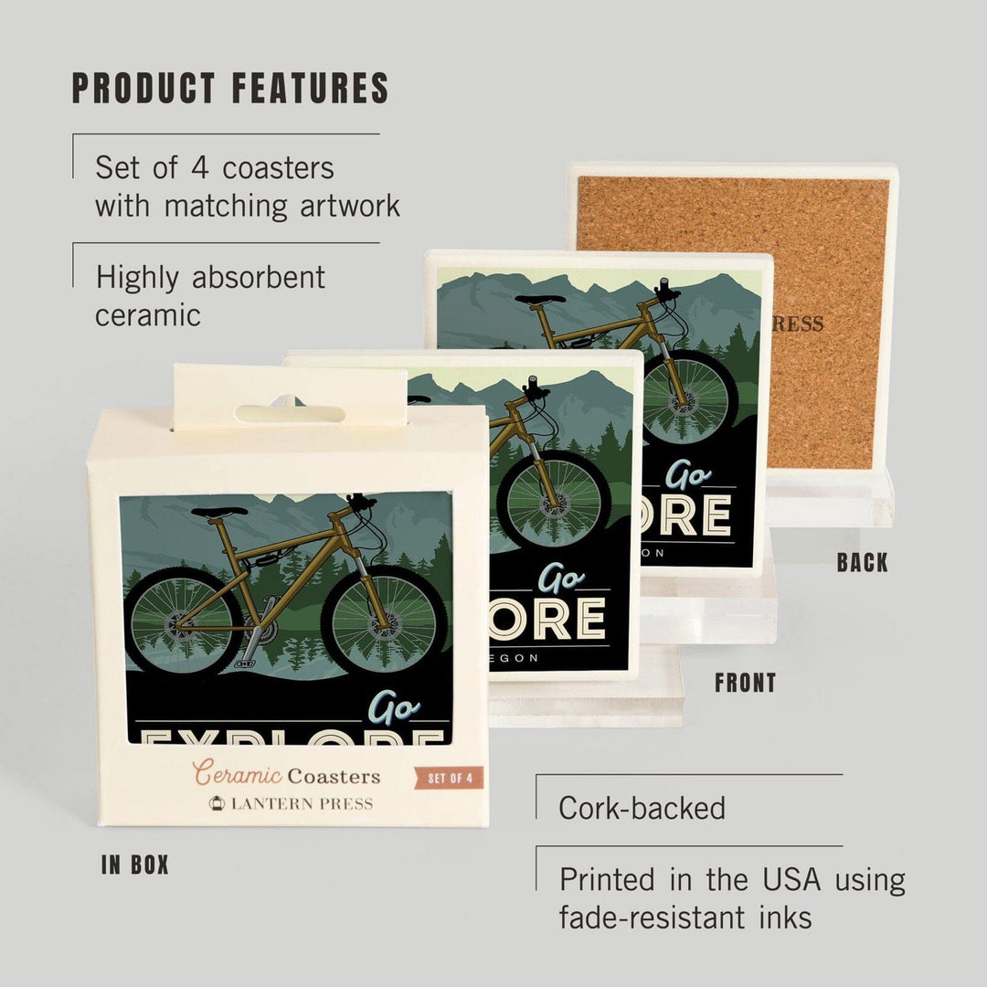 Bend, Oregon, Go Explore, Bike, Lantern Press Artwork, Coaster Set Coasters Lantern Press 