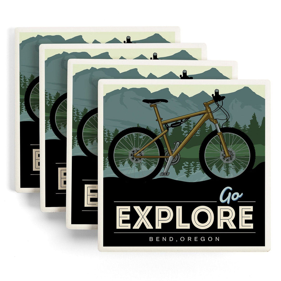 Bend, Oregon, Go Explore, Bike, Lantern Press Artwork, Coaster Set Coasters Lantern Press 