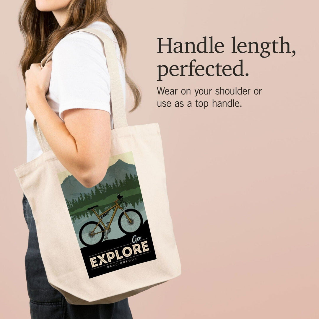 Bend, Oregon, Go Explore, Bike, Lantern Press Artwork, Tote Bag Totes Lantern Press 