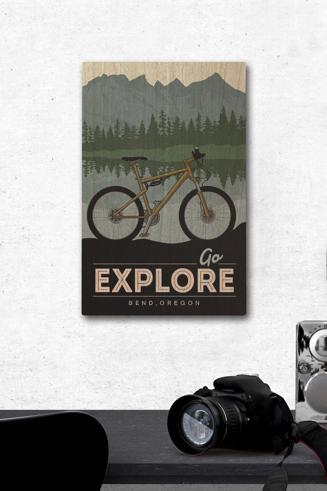 Bend, Oregon, Go Explore, Bike, Lantern Press Artwork, Wood Signs and Postcards Wood Lantern Press 12 x 18 Wood Gallery Print 