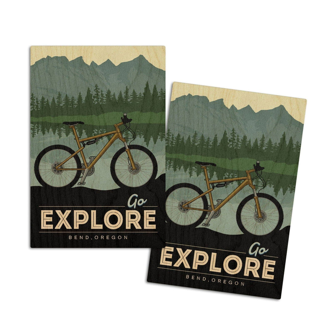 Bend, Oregon, Go Explore, Bike, Lantern Press Artwork, Wood Signs and Postcards Wood Lantern Press 4x6 Wood Postcard Set 