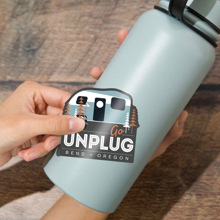 Bend, Oregon, Go Unplug, Retro Camper, Vector, Contour, Vinyl Sticker Sticker Lantern Press 