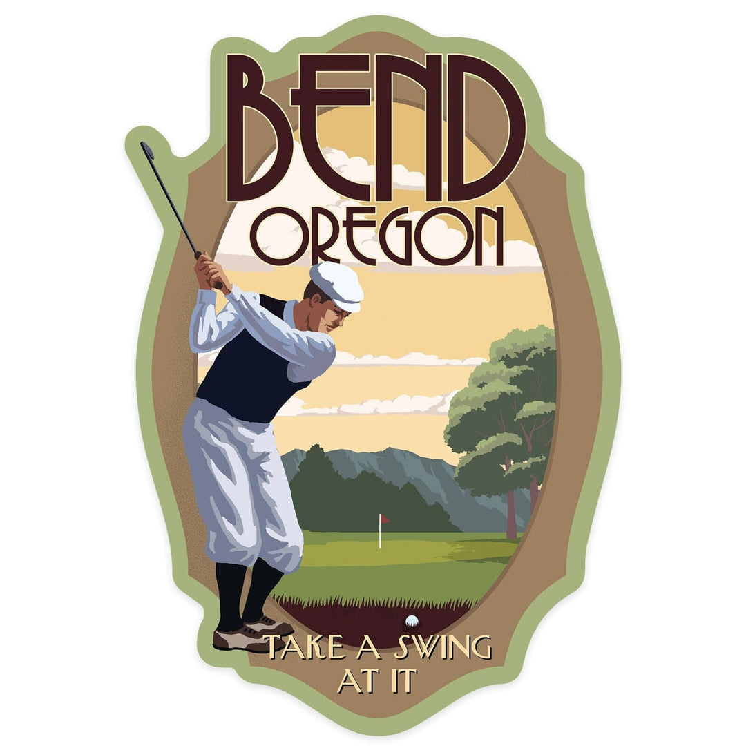 Bend, Oregon, Golfer, Take a Swing at It, Contour, Lantern Press Artwork, Vinyl Sticker Sticker Lantern Press 