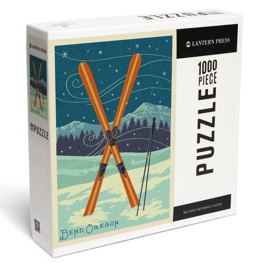Bend, Oregon, Letterpress, Crossed Skis, Jigsaw Puzzle Puzzle Lantern Press 