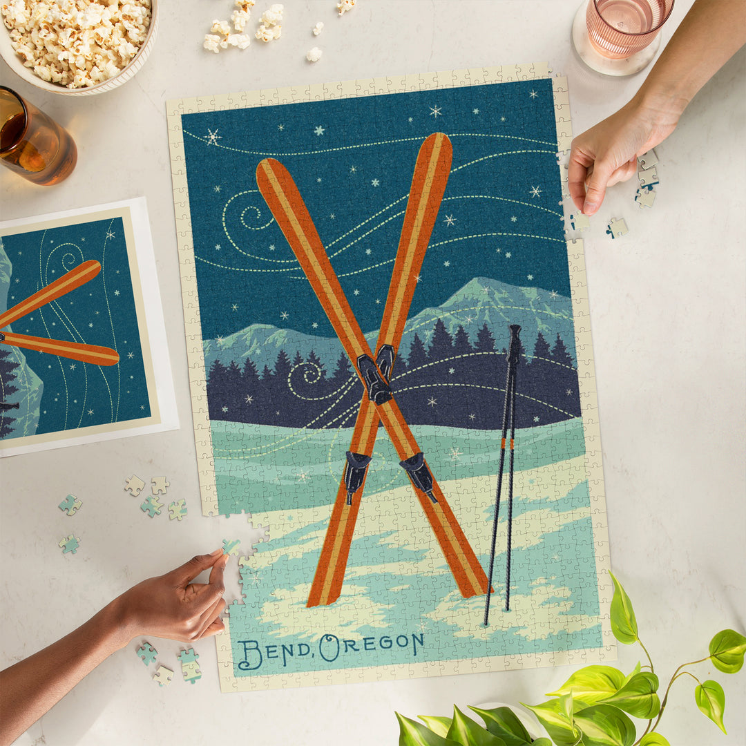 Bend, Oregon, Letterpress, Crossed Skis, Jigsaw Puzzle Puzzle Lantern Press 