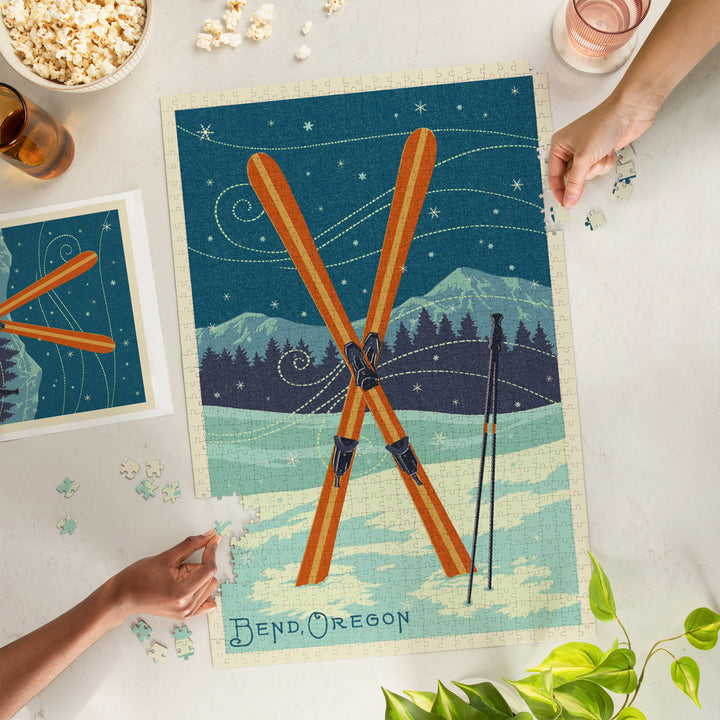 Bend, Oregon, Letterpress, Crossed Skis, Jigsaw Puzzle Puzzle Lantern Press 