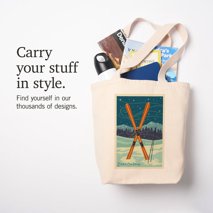 Bend, Oregon, Letterpress, Crossed Skis, Tote Bag Totes Lantern Press 