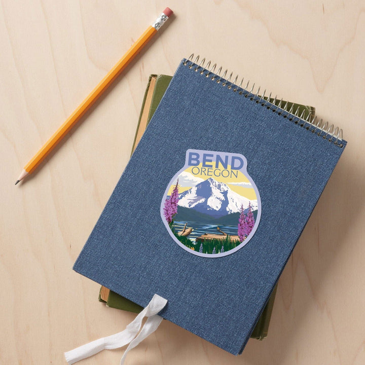 Bend, Oregon, Mountain and Lake Scene, Contour, Vinyl Sticker Sticker Lantern Press 