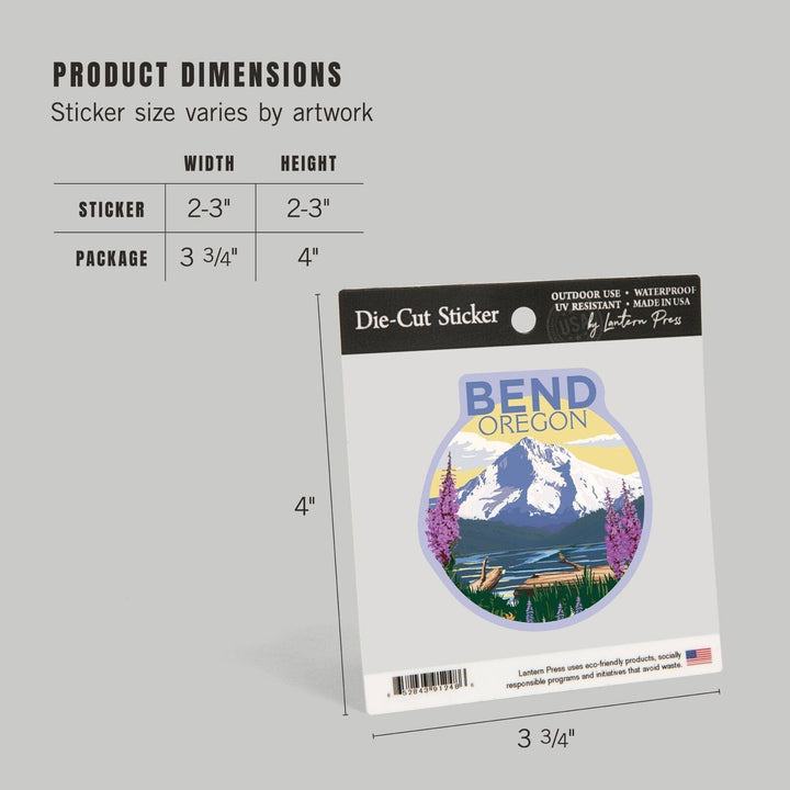 Bend, Oregon, Mountain and Lake Scene, Contour, Vinyl Sticker Sticker Lantern Press 