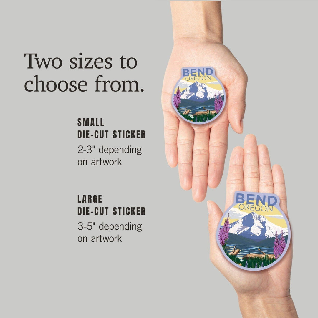 Bend, Oregon, Mountain and Lake Scene, Contour, Vinyl Sticker Sticker Lantern Press 