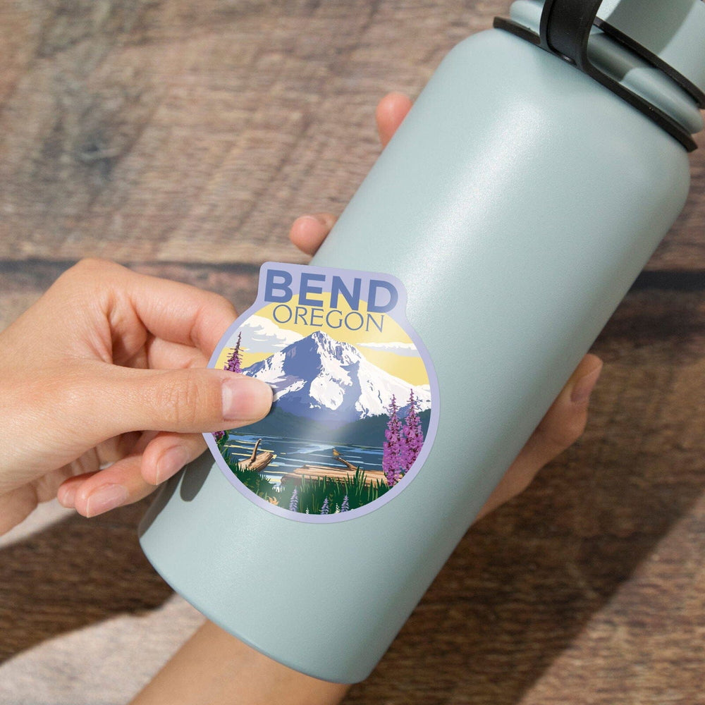 Bend, Oregon, Mountain and Lake Scene, Contour, Vinyl Sticker Sticker Lantern Press 