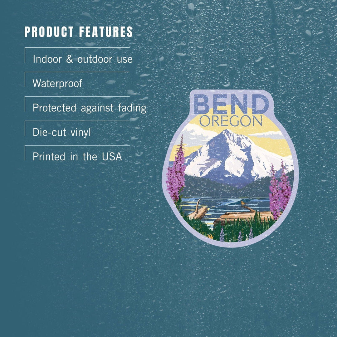 Bend, Oregon, Mountain and Lake Scene, Contour, Vinyl Sticker Sticker Lantern Press 
