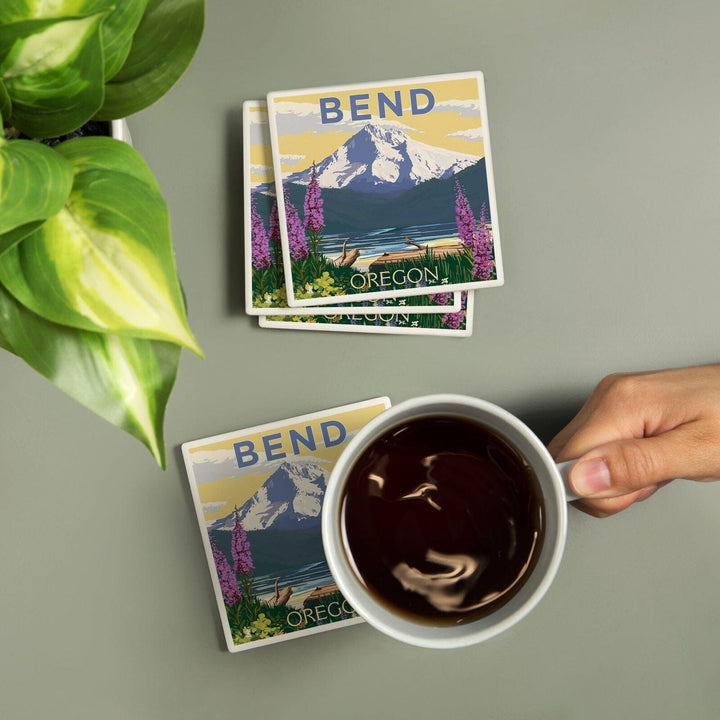 Bend, Oregon, Mountain & Lake Scene, Lantern Press Artwork, Coaster Set Coasters Lantern Press 