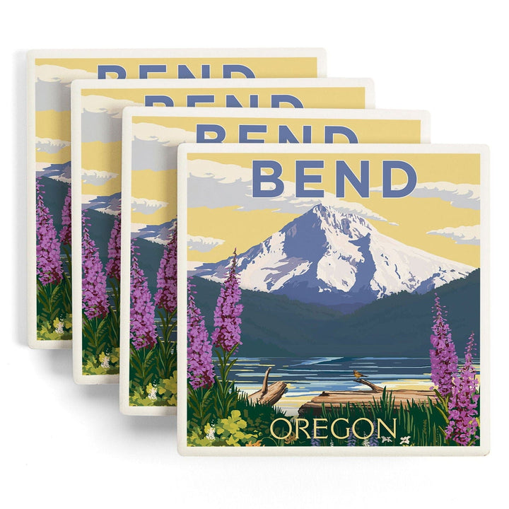 Bend, Oregon, Mountain & Lake Scene, Lantern Press Artwork, Coaster Set Coasters Lantern Press 