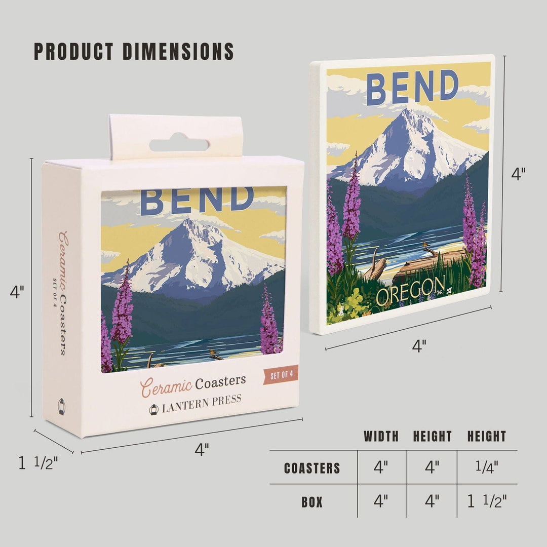 Bend, Oregon, Mountain & Lake Scene, Lantern Press Artwork, Coaster Set Coasters Lantern Press 