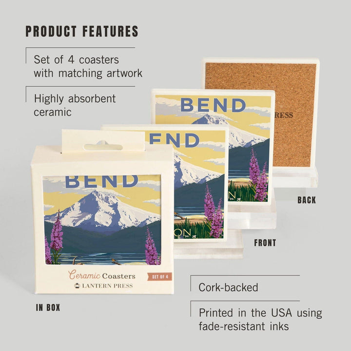 Bend, Oregon, Mountain & Lake Scene, Lantern Press Artwork, Coaster Set Coasters Lantern Press 