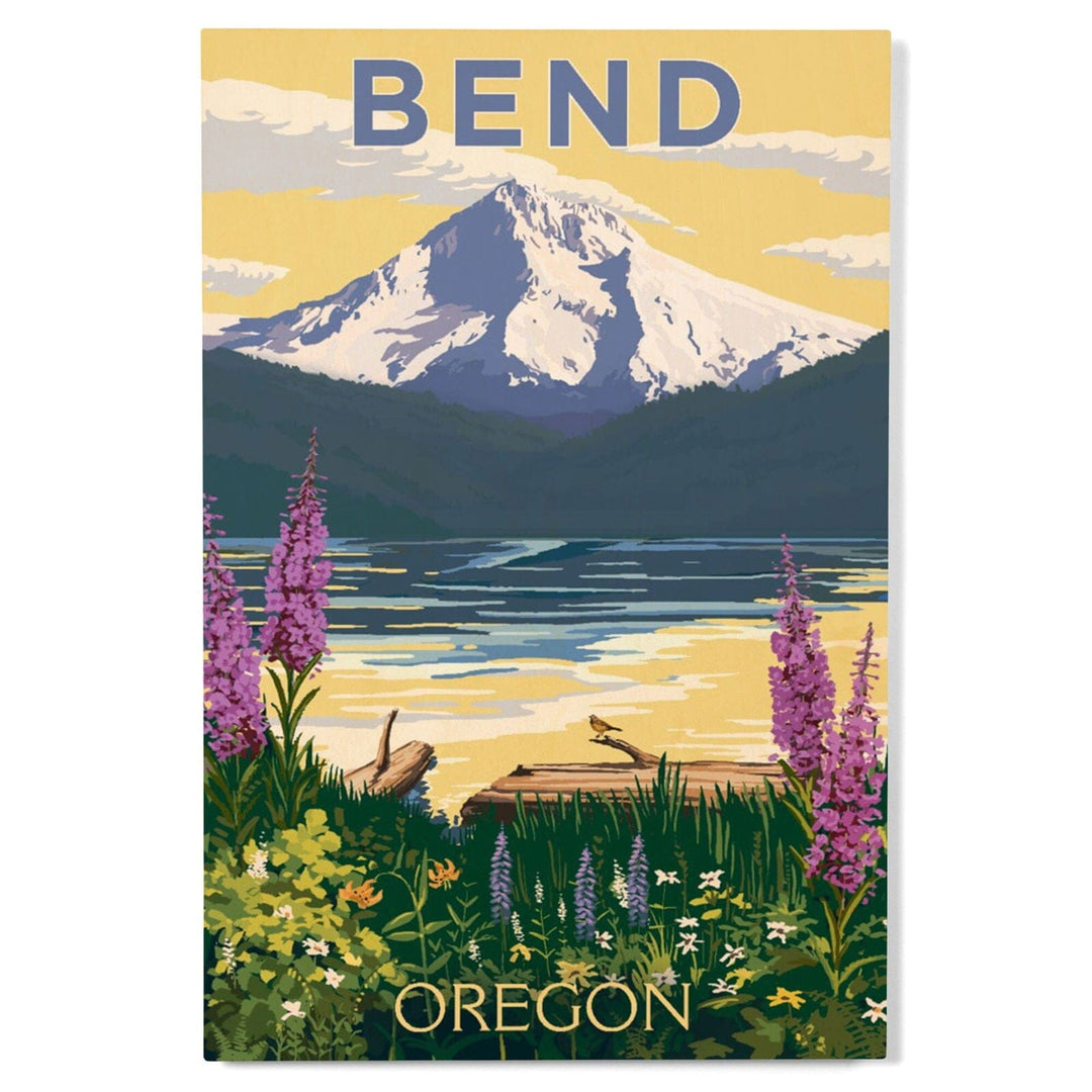 Bend, Oregon, Mountain & Lake Scene, Lantern Press Artwork, Wood Signs and Postcards Wood Lantern Press 