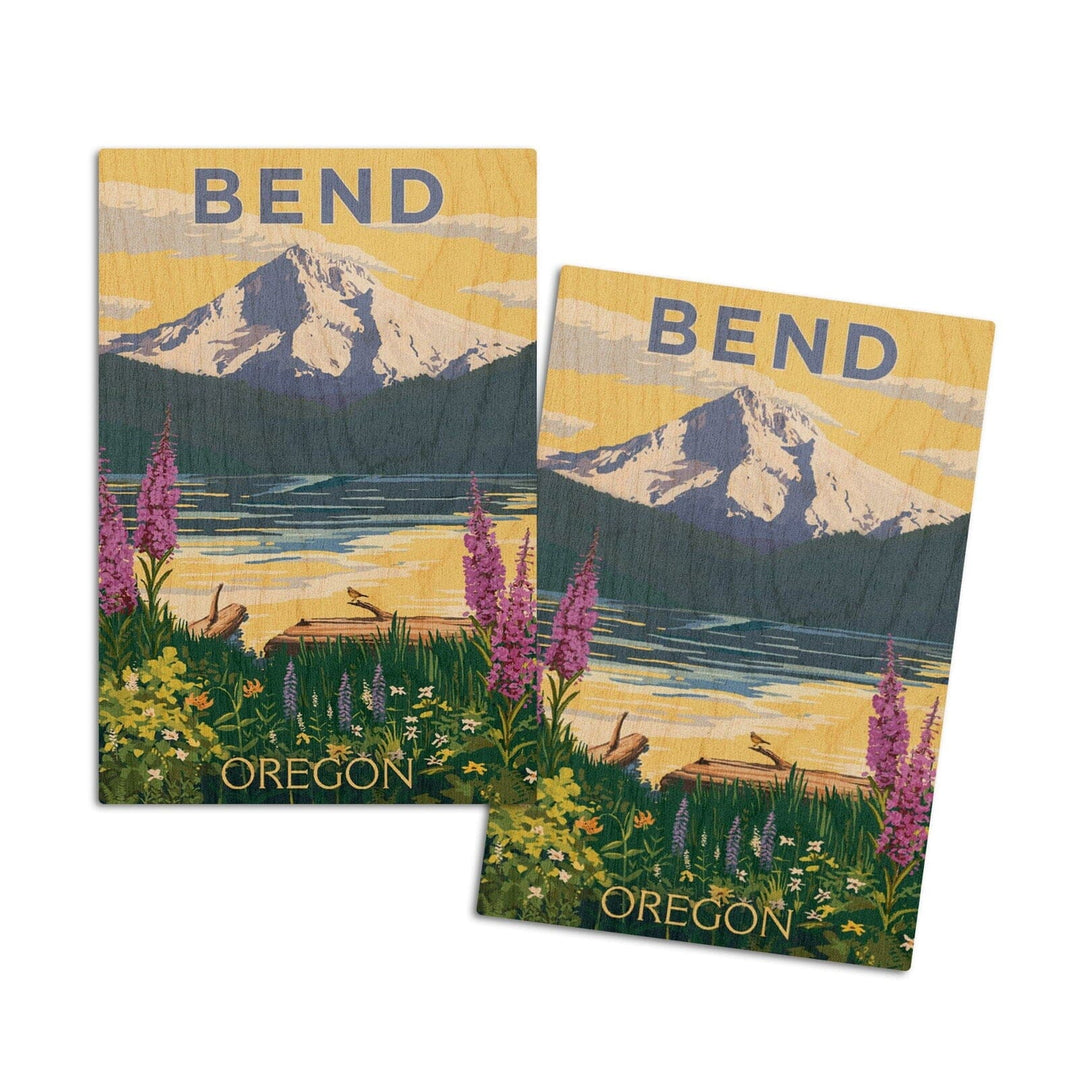 Bend, Oregon, Mountain & Lake Scene, Lantern Press Artwork, Wood Signs and Postcards Wood Lantern Press 4x6 Wood Postcard Set 