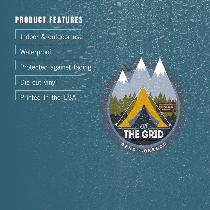 Bend, Oregon, Off the Grid, Tent, Vector, Contour, Lantern Press Artwork, Vinyl Sticker Sticker Lantern Press 