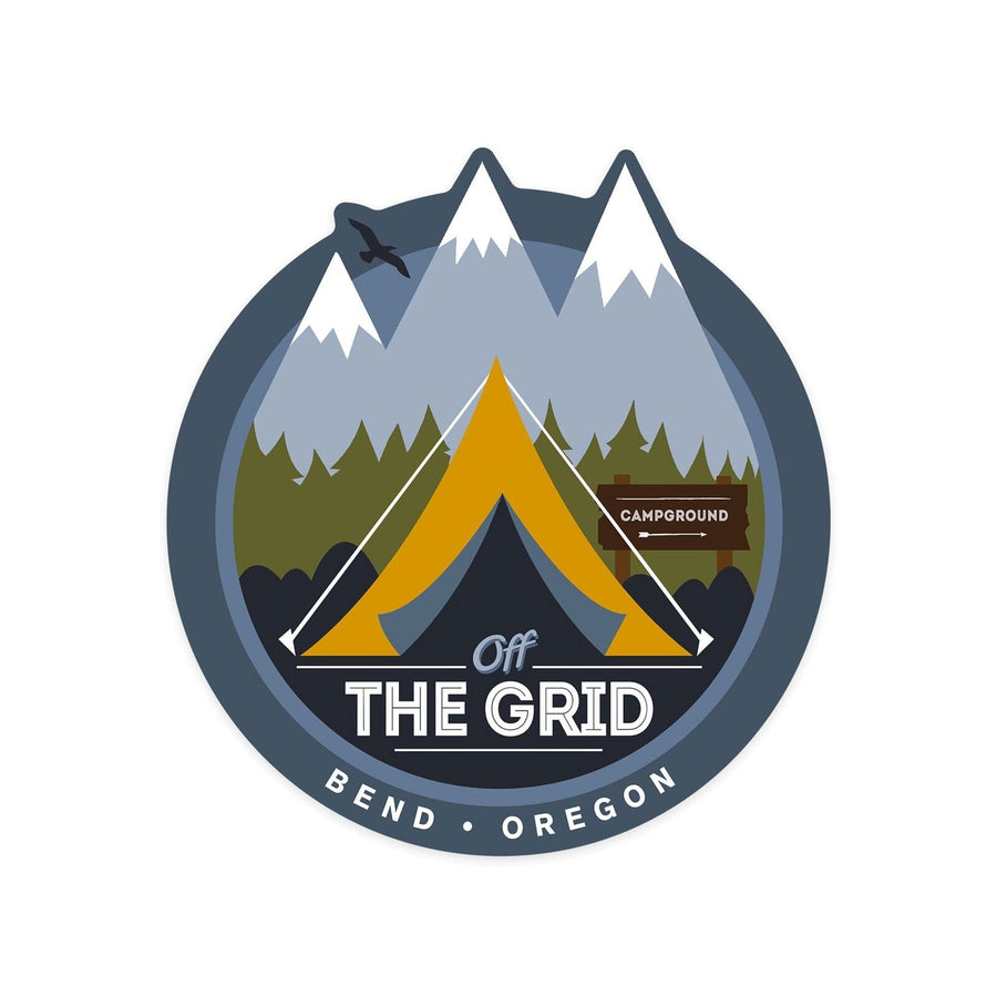 Bend, Oregon, Off the Grid, Tent, Vector, Contour, Lantern Press Artwork, Vinyl Sticker Sticker Lantern Press 