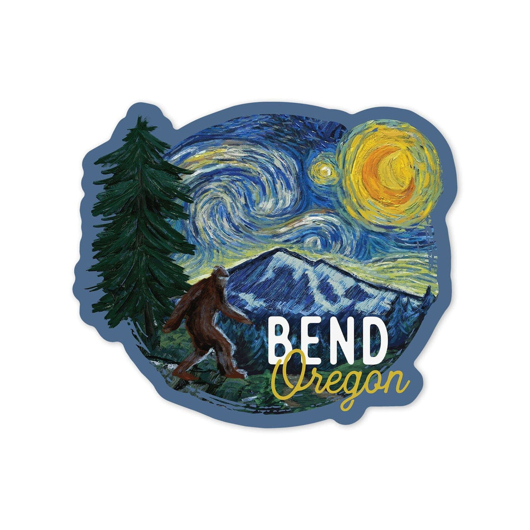 Bend, Oregon, Starry Night, Bigfoot, Contour, Vinyl Sticker Sticker Lantern Press 