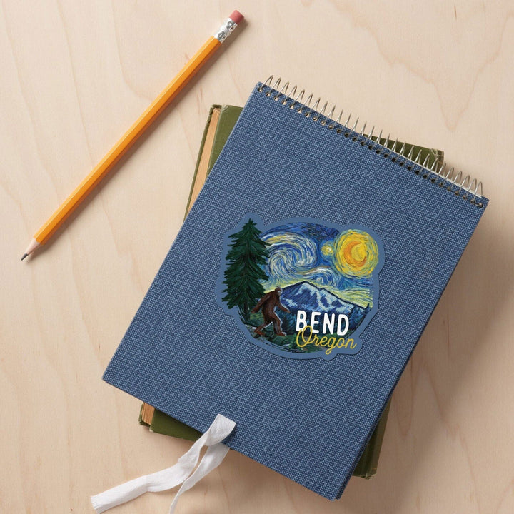 Bend, Oregon, Starry Night, Bigfoot, Contour, Vinyl Sticker Sticker Lantern Press 