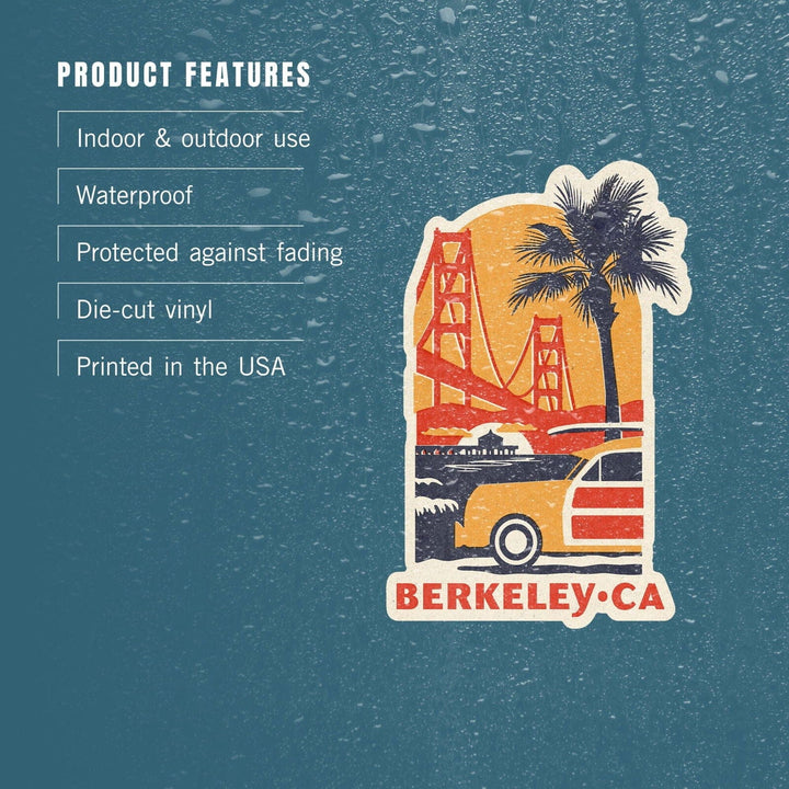 Berkeley, California, Golden Gate Bridge, Woodblock, Contour, Vinyl Sticker Sticker Lantern Press 