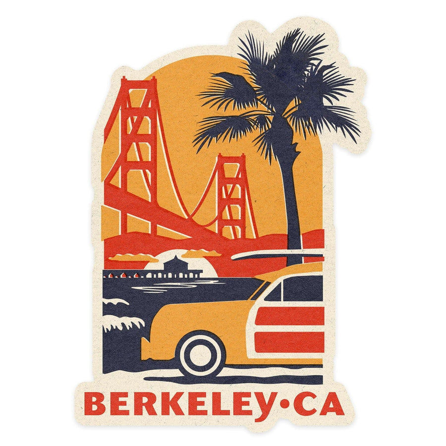 Berkeley, California, Golden Gate Bridge, Woodblock, Contour, Vinyl Sticker Sticker Lantern Press 