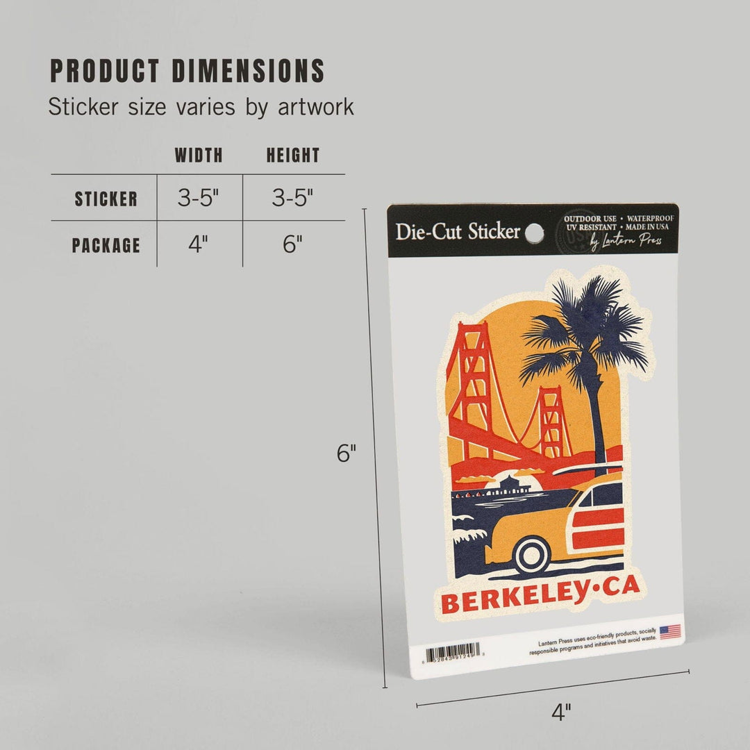 Berkeley, California, Golden Gate Bridge, Woodblock, Contour, Vinyl Sticker Sticker Lantern Press 