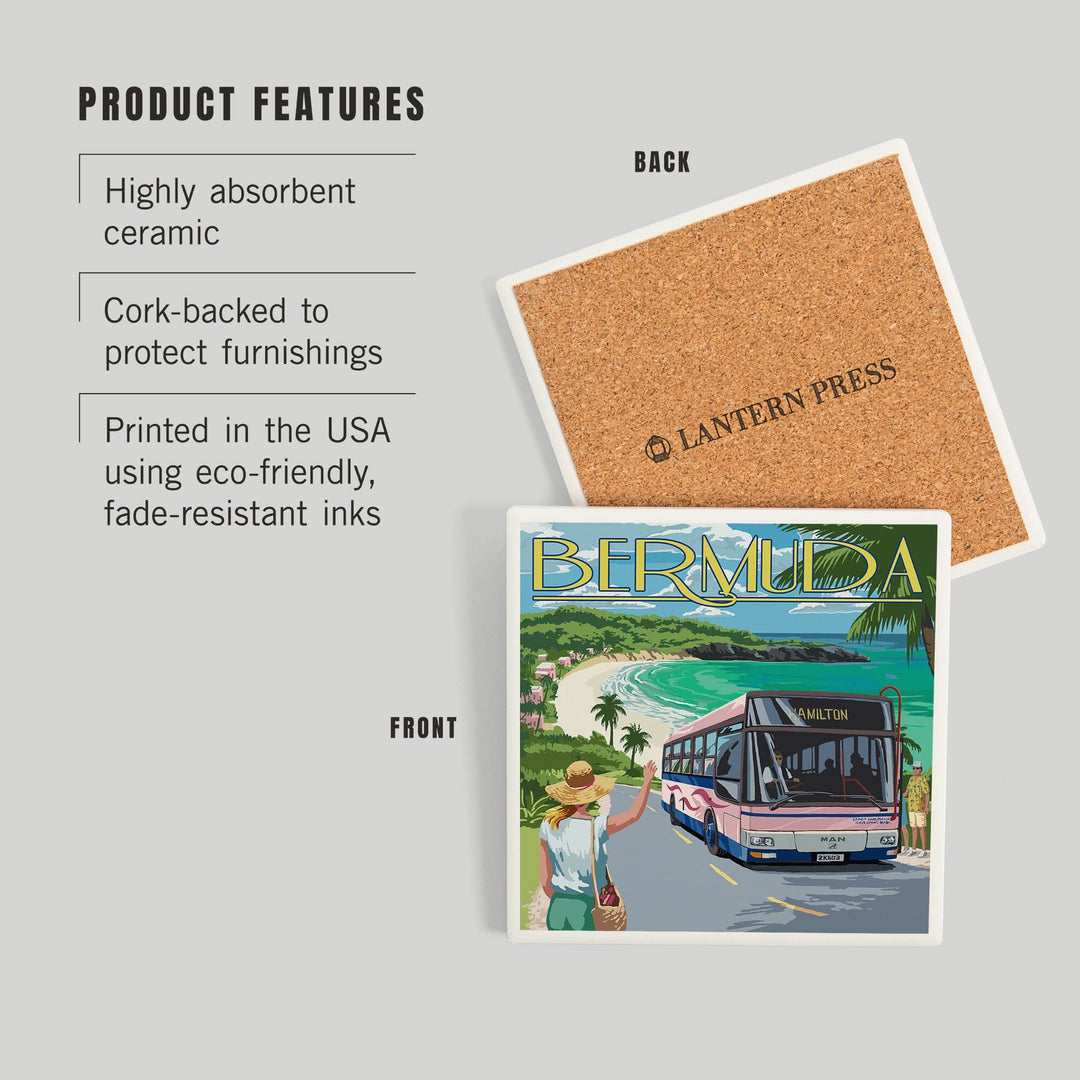 Bermuda, Pink Bus on Coastline, Coasters Coasters Lantern Press 