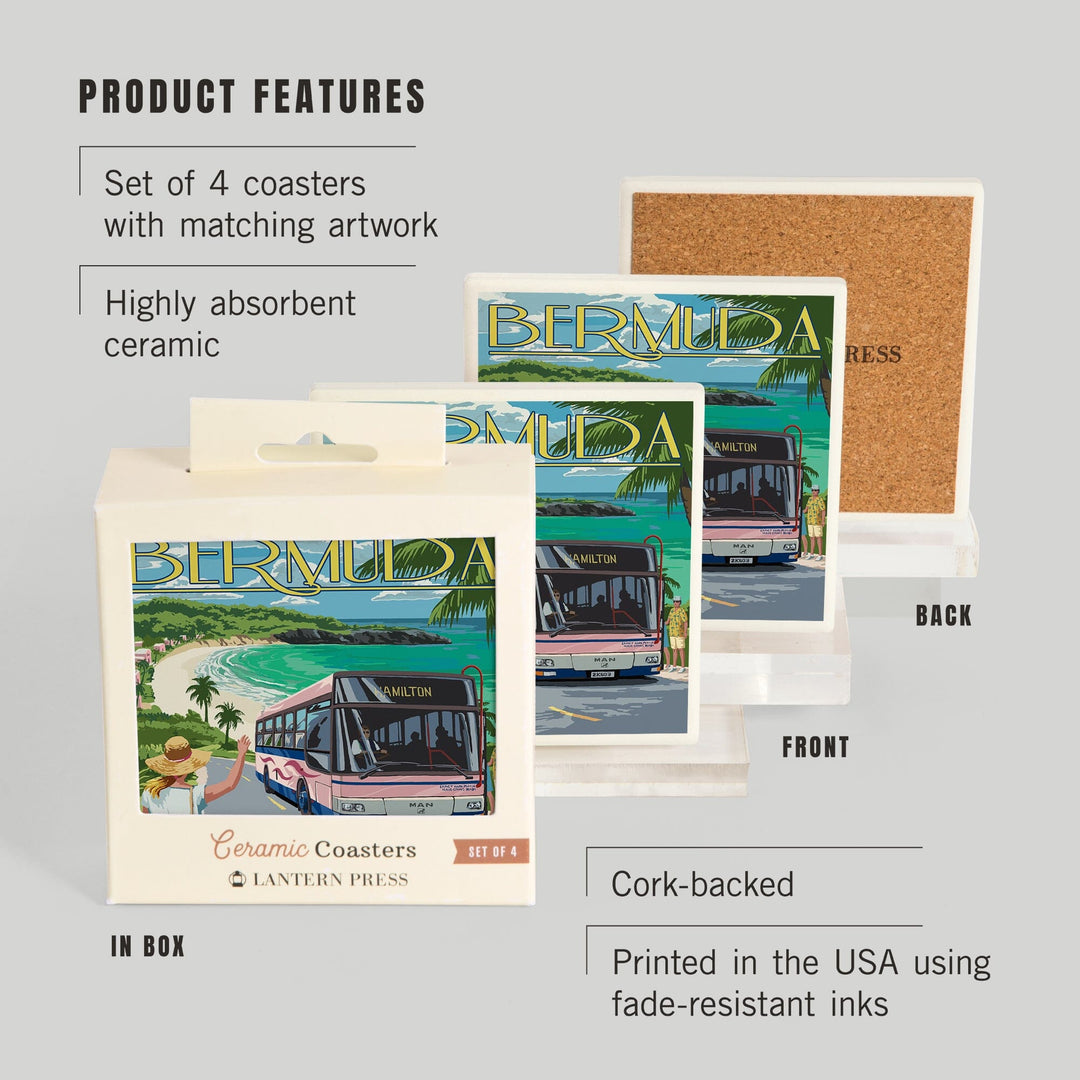 Bermuda, Pink Bus on Coastline, Coasters Coasters Lantern Press 