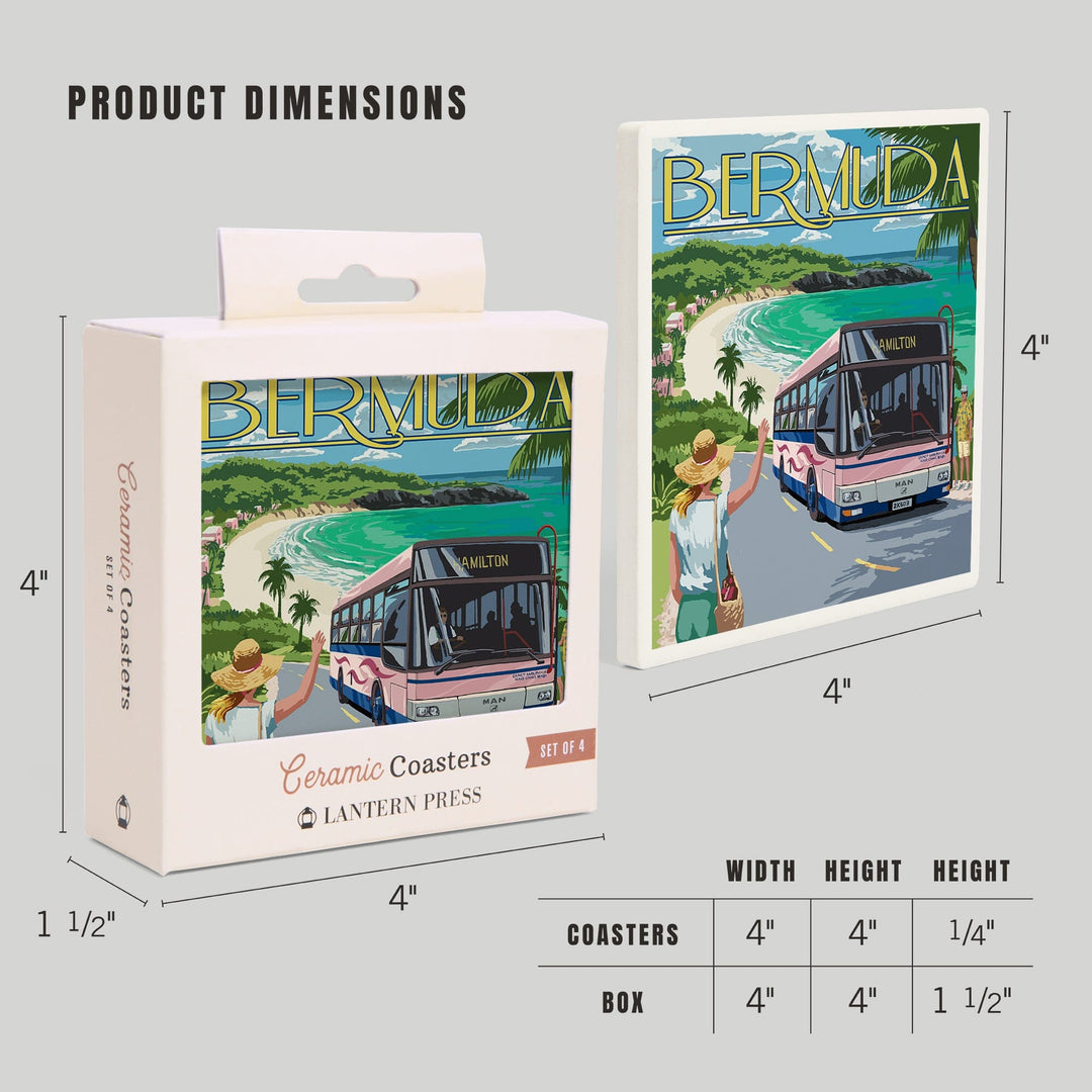 Bermuda, Pink Bus on Coastline, Coasters Coasters Lantern Press 