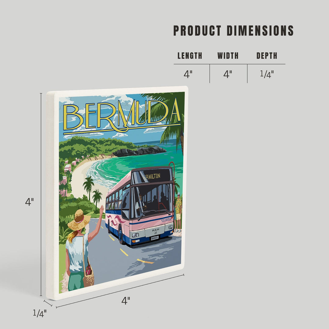 Bermuda, Pink Bus on Coastline, Coasters Coasters Lantern Press 