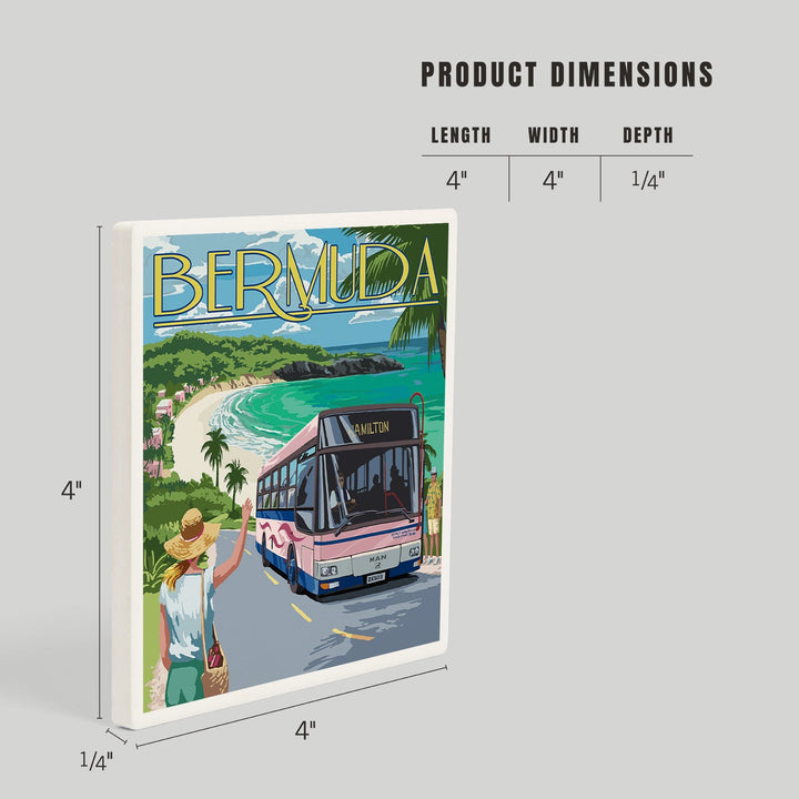 Bermuda, Pink Bus on Coastline, Coasters Coasters Lantern Press 