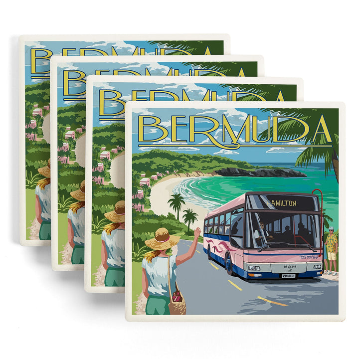 Bermuda, Pink Bus on Coastline, Coasters Coasters Lantern Press 