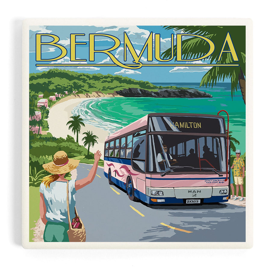 Bermuda, Pink Bus on Coastline, Coasters Coasters Lantern Press 