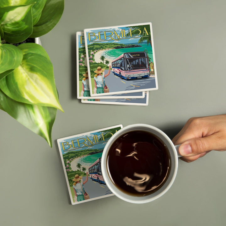Bermuda, Pink Bus on Coastline, Coasters Coasters Lantern Press 
